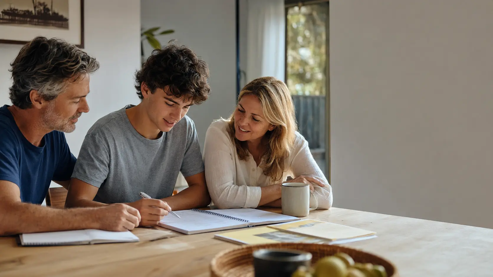 Parents calmly planning senior study goals with their child