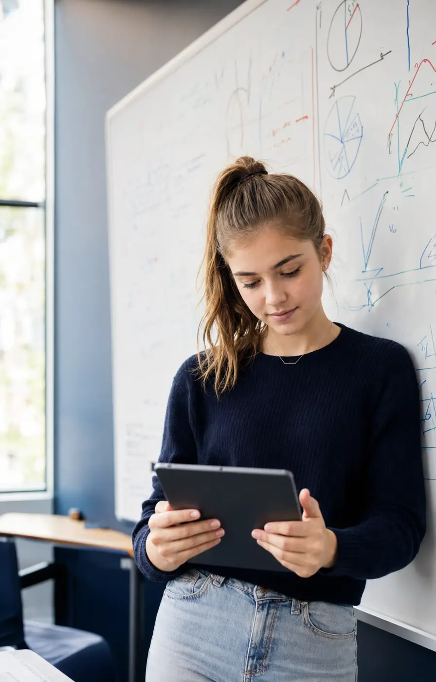 Senior student reviewing her study progress on a tablet